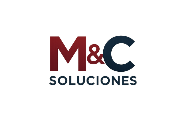 un logo que diga M&C Soluciones que se mezcle con un rojo y azul oscuro